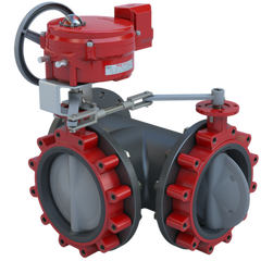 Bray 3LSE-12S33/70-24-0501SVH-BBU Butterfly Valve | 3 Way | Flow Configuration 3 | 12 Inch | Stainless Disc | 175 PSI | 24 VAC /30 VDC Actuator With Heater And Battery Backup Failsafe Return | Modulating Control | Blackhawk Supply