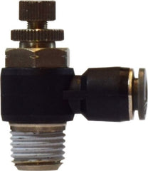 Midland Metal Mfg. 20727C 1/4 X 1/8 MALE ELBOW W/ FLOW CONTROL VAL, Brass Fittings, Composite Body Push In Fittings, Right Angle Flow Control Meter In | Blackhawk Supply