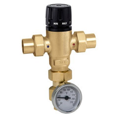 Hydronic Caleffi 521619AC Mixing Valve MixCal 521 Adjustable 3-Way Thermostatic with Gauge and Check Valve 1 Inch Low Lead Brass Sweat Union 200 Pounds per Square Inch | Blackhawk Supply