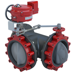 Bray 3LNE-08L36/70-24-0201H-BBU Butterfly Valve | 3 Way | Flow Configuration 6 | 8 Inch | Nylon Coated Disc | 50 PSI | 24 VAC /30 VDC Actuator With Heater And Battery Backup Failsafe Return | On-Off Control | Blackhawk Supply