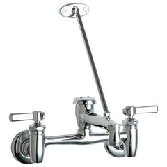 Chicago Faucet Co 897-CP Service Faucet Wall Mount 7-5/8 to 8-3/8 Inch 2 Lever ADA Polished Chrome with Atmospheric Vacuum Breaker/Short Spout Pail Hook and Wall Brace | Blackhawk Supply