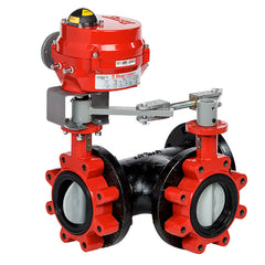 Bray 3LNE-05L37/70-24-0081H-BBU Butterfly Valve | 3 Way | Flow Configuration 7 | 5 Inch | Nylon Coated Disc | 50 PSI | 24 VAC /30 VDC Actuator With Heater And Battery Backup Failsafe Return | On-Off Control | Blackhawk Supply
