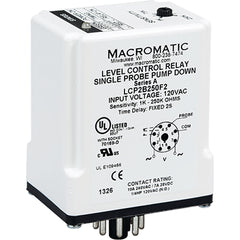 Macromatic LCP2B250F5 Liquid level control relay | single probe pump down | 8 pin | 10 Amp relay | SPDT | 120 VAC Input | fixed time of 5 second | Sensitivity 1K-250K Ohms | Blackhawk Supply