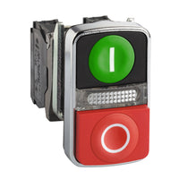 XB4BW73731B5 | Illuminated double-headed push button, metal, Dia 22, 1 green flush I + 1 pilot light + 1 red projecting O, 1 NO + 1 NC | Square D