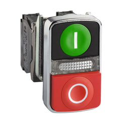 Square D XB4BW73731B5 Illuminated double-headed push button, metal, Dia 22, 1 green flush I + 1 pilot light + 1 red projecting O, 1 NO + 1 NC | Blackhawk Supply