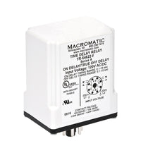 TR-54628-F | On delay/true off delay | 240V AC | 10A DPDT | 0.05 - 5 seconds | Fixed (add product to cart to specify time) | Plug-in | Analog | Macromatic