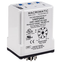 Macromatic VAKP240A Voltage monitor relay for 240 VAC | 10 Amp relay | DPDT | Adj Pick up and Drop out | Adj dropout delay 0.1-10 seconds | plug-in | Blackhawk Supply