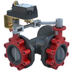 Bray 3LNE-03S33/D24-210-A Butterfly Valve | 3 Way | Flow Configuration 3 | 3 Inch | Nylon Coated Disc | 175 PSI | 24 VAC/DC Non-Spring Return Actuator | With Aux. Switch | On-Off And Floating Control | Blackhawk Supply