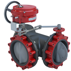 Bray 3LNE-14L35/70-0501H Butterfly Valve | 3 Way | Flow Configuration 5 | 14 Inch | Nylon Coated Disc | 50 PSI | 120 VAC Non-Spring Return Actuator With Heater | On-Off Control | Blackhawk Supply
