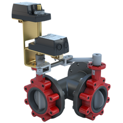 Bray 3LNE-05L34/D24-210-D Butterfly Valve | 3 Way | Flow Configuration 4 | 5 Inch | Nylon Coated Disc | 50 PSI | DUAL Mounted 24 VAC/DC Non-Spring Return Actuators | On-Off And Floating Control | Blackhawk Supply