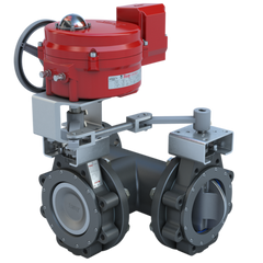 Bray MKL3-7060/70-24-0201H-BBU 6" 3-Way Lugged Butterfly valve High Performance | ANSI Class 150 | CS body | CV 1350 | 24 VAC/30VDC | Two position | 2000 lb-in | NEMA 4 | Heater | & Battery Backup unit | Blackhawk Supply