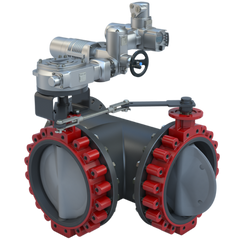 Bray 3LNE-20S33/AU-4068SV Butterfly Valve | 3 Way | Flow Configuration 3 | 20 Inch | Nylon Coated Disc | 150 PSI | 120 VAC Non-Spring Return Actuator | Modulating Control | Blackhawk Supply
