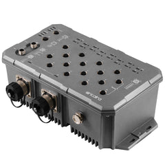 Antaira LMP-1802G-M12-10G-SFP-67-110 18-Port Industrial M12 IP67 Waterproof Gigabit PoE+ Light Layer 3 Managed Ethernet Switch | with 16*10/100/1000Tx M12 Connectors (X-Coded) (30W/Port) and 2*1G/10G SFP Slots; 24~110VDC Power Input | Blackhawk Supply