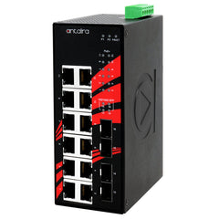 Antaira LNP-1604G-SFP-T 16-Port Industrial Gigabit PoE+ Unmanaged Ethernet Switch | w/12*10/100/1000Tx (30W/Port) + 4*100/1000 SFP Slots; EOT: -40 to 75C | Blackhawk Supply