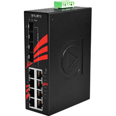 Antaira LNP-1204G-SFP-T 12-Port Industrial PoE+ Gigabit Unmanaged Ethernet Switch | w/8*10/100/1000Tx (30W/Port) + 4*100/1000 SFP Slots; EOT: -40 ~ 75C | Blackhawk Supply