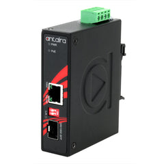 Antaira IMP-C1000-SFP-T Compact Industrial Gigabit PoE+ Ethernet-to-Fiber Media Converter | 1*10/100/1000TX (PSE: 30W) to 1*100/1000 SFP Slot; EOT: -40° to 80°C | Blackhawk Supply