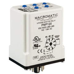 Macromatic PMP120 3-phase monitor relay | 120 VAC | 8 pin plug-in | 10 Amp SPDT relay | phase loss | reversal - fixed | unbalance | over/under voltage - adjustable | Blackhawk Supply