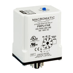 Macromatic PMPU-FA8X 3-phase monitor relay | 190-500 VAC | 8 pin plug-in 5 Amp SPDT and SPNO relay | phase loss | reversal | unbalance | over/under voltage - fixed | Blackhawk Supply