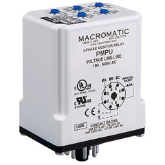 Macromatic PMPU-X 3-phase monitor relay | 190-500 VAC | 8 pin plug-in 10 Amp SPDT / SPNO relay | phase loss | reversal - fixed | unbalance | over/under voltage - adjustable | Blackhawk Supply