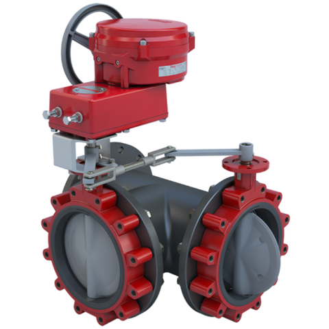 Bray 3LSE-16S32/70-1300H Butterfly Valve | 3 Way | Flow Configuration 2 | 16 Inch | Stainless Disc | 150 PSI | 120 VAC Non-Spring Return Actuator With Heater | On-Off Control  | Blackhawk Supply