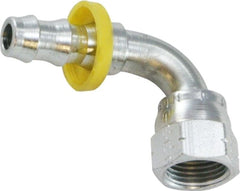 Midland Metal Mfg. 30480 1/4X1/4 (POHB X 37/45 F FL SWV EL), Brass Fittings, Push On Hose Barb, SAE/JIC 37 Deg/45 Deg Female Swivel 90 Deg Zinc Plated Steel  | Blackhawk Supply