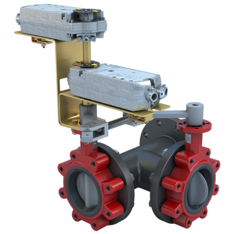 Bray 3LSE-05L31/DCS24-140-T-D 5" 3-Way Lugged Butterfly Valve Resilient | ANSI Class 125/150 | DI body | SS Disc | CV 1218 | 24 Vac/Dc | 160 lb-in | on/off or floating | Spring Return | Dual  | Blackhawk Supply