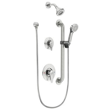 Moen T9342GBM25 Shower System M-Dura Posi-Temp with Grab Bar 2 Lever Chrome ADA 2.5 Gallons per Minute  | Blackhawk Supply
