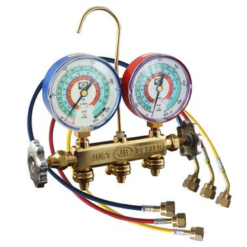 J/B Industries SAE Fittings 22733RF-18 Manifold 2 Valve R290 with 18 Inch Hose Set 3-1/8 Inch Gauge Brass  | Blackhawk Supply