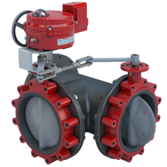 Bray 3LNE-08S35/70-24-0201H-BBU Butterfly Valve | 3 Way | Flow Configuration 5 | 8 Inch | Nylon Coated Disc | 175 PSI | 24 VAC /30 VDC Actuator With Heater And Battery Backup Failsafe Return | On-Off Control  | Blackhawk Supply