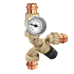 Hydronic Caleffi 520516A Mixing Valve AngleMix 520 Thermostatic 3-Way with Gauge 3/4 Inch Low Lead Brass Press 150 Pounds per Square Inch  | Blackhawk Supply