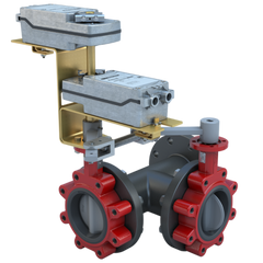 Bray 3LSE-04L31/DS24-180-D Butterfly Valve | 3 Way | Flow Configuration 1 | 4 Inch | Stainless Disc | 50 PSI | DUAL Mounted 24 VAC/DC Spring Return Actuators | On-Off Control  | Blackhawk Supply