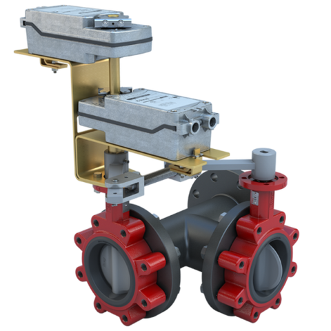Bray 3LNE-04S31/DS24-180-D Butterfly Valve | 3 Way | Flow Configuration 1 | 4 Inch | Nylon Coated Disc | 175 PSI | DUAL Mounted 24 VAC/DC Spring Return Actuators | On-Off Control  | Blackhawk Supply