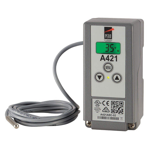 Johnson Controls A421GBF-02C Single Stage Temp Controller with Sensor, 24VAC, NEMA1, 6' 7" lead, -40 to 212F, HTG/CLG  | Blackhawk Supply