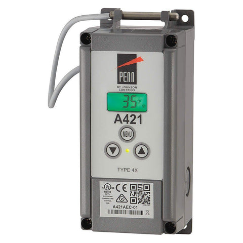 Johnson Controls A421AEC-01C Single Stage Temp Controller with Sensor, 120/240VAC, NEMA4X, 9" lead, -40 to 212F, HTG/CLG  | Blackhawk Supply