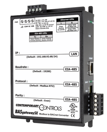Contemporary Controls BASGSX-M1/P BASgatewaySX Modbus to BACnet Gateway Panel Mount with SSL  | Blackhawk Supply