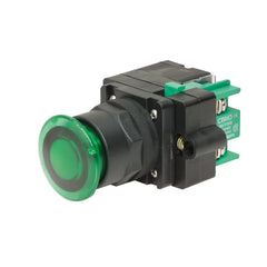 C3 Controls FVPPM24LW-IMCGN-NC FVPPM24LW-IMCGN-NC - 30mm Main. Illum. 2-Pos. Push-Pull Pushbutton, Full Voltage, 24V AC/DC, LED White, Black Polyester Clamp Ring, Mushroom, Green Lens, NC  | Blackhawk Supply