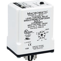LCP8B100F2 | Liquid level control relay | single probe pump down | 8 pin | 10 Amp relay | SPDT | 24 VDC Input | fixed time of 2 second | Sensitivity 4.7K-100K Ohms | Macromatic