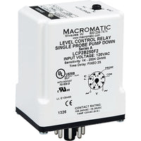 LCP2D250 | Liquid level control relay | dual probe pump down | 8 pin | 10 Amp relay | SPDT | 120 VAC Input | Sensitivity 1K-250K Ohms | cross from SSAC & NCC | Macromatic