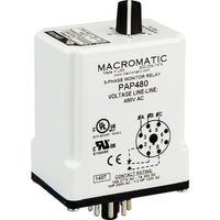 PAP575 | 3-phase monitor relay | 575 VAC | 8 pin SPDT relay | phase loss | phase reversal | undervoltage with adjustable undervoltage trip | Macromatic
