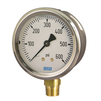 52157334 | 213.53.2.5 | 2000 psi 2nd scale bar 7/16-20 UNF SAE #4 J19 | Bourdon Tube Pressure Gauge, Copper Alloy | Stainless steel case, liquid filling | Wika