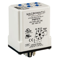 PMP575-X | 3-phase monitor relay | 575 VAC | 8 pin plug-in | 10 Amp SPDT / SPNO relay | phase loss | reversal - fixed | unbalance | over/under voltage - adjustable | Macromatic