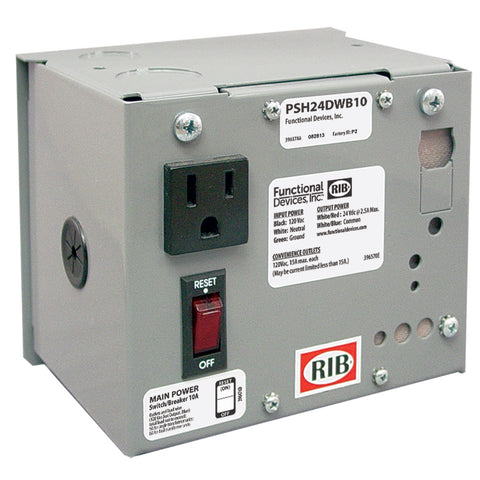 Functional Devices PSH24DWB10 Enclosed 120Vac - 24Vdc/2.5A PS w/ 10A main breaker w/ wires  | Blackhawk Supply