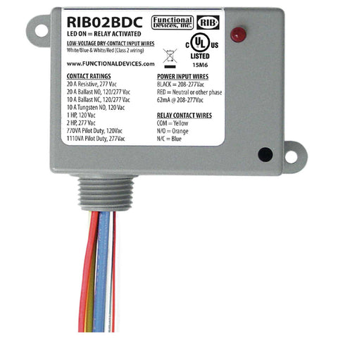 Functional Devices RIB02BDC Enclosed Relay, Class 2 Dry Contact input,208-277Vac pwr, 20A SPDT  | Blackhawk Supply