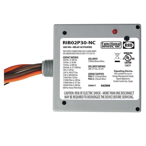Functional Devices RIB02P30-NC Enclosed Relay 30Amp DPST 208-277Vac, Normally Closed contacts  | Blackhawk Supply