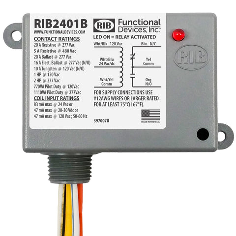 Functional Devices RIB2401B Enclosed Relay 20Amp SPDT 24Vac/dc/120Vac  | Blackhawk Supply