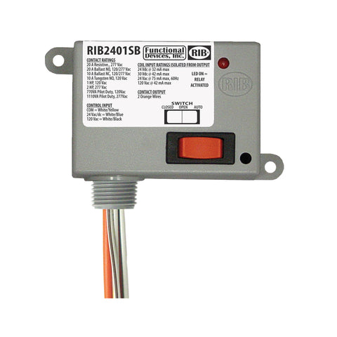 Functional Devices RIB2401SB Enclosed Relay 20Amp SPST-NO + Override 24Vac/dc/120Vac  | Blackhawk Supply