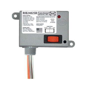 Functional Devices RIB2402SB Enclosed Relay 20Amp SPST-NO + Override 24Vac/dc/208-277Vac  | Blackhawk Supply