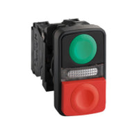 XB5AW73731B5 | Harmony Green Flush/Red Projecting Illuminated Double-Headed Pushbutton, 22mm, 1 NO + 1 NC, 24V | Square D by Schneider Electric