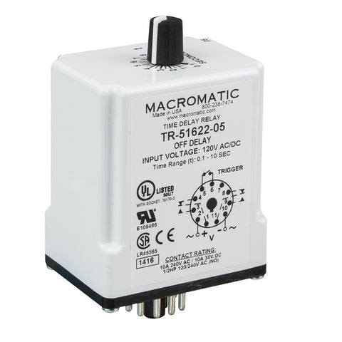 Macromatic TR-52228-09R6 Single shot falling edge retriggerable (switch trigger) | 240V AC | 10A DPDT | 0.05 - 5 seconds | Plug-in | Analog  | Blackhawk Supply