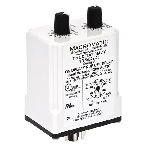 Macromatic TR-55122-15 Time Delay Relay | Plug-in | Repeat Cycle (On 1st) | 120 VAC/DC | 10A DPDT | 0.3-30 Min. Timing  | Blackhawk Supply